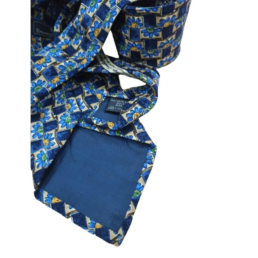 ERMENGILDO ZEGNA Blue Geometric Floral Silk Tie ITALY 59"/ 4"  EC - Picture 7 of 7